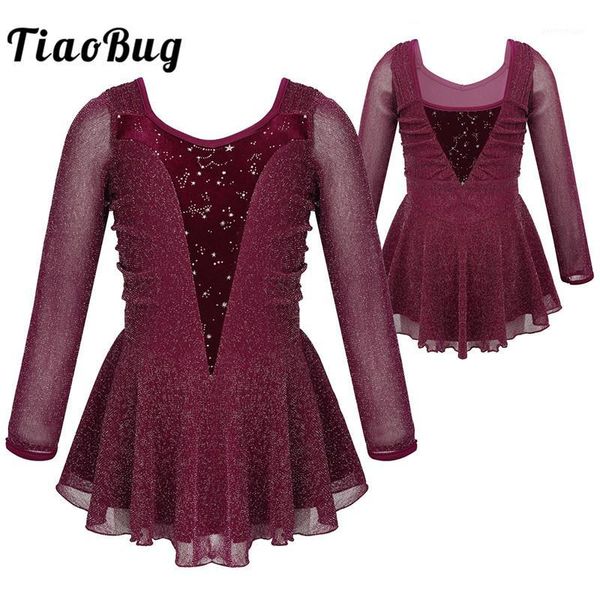 

stage wear tiaobug kids teens girls lyrical dance costumes silver glitter shiny long sleeves ballet figure skating dress gymnastics leotard1, Black;red