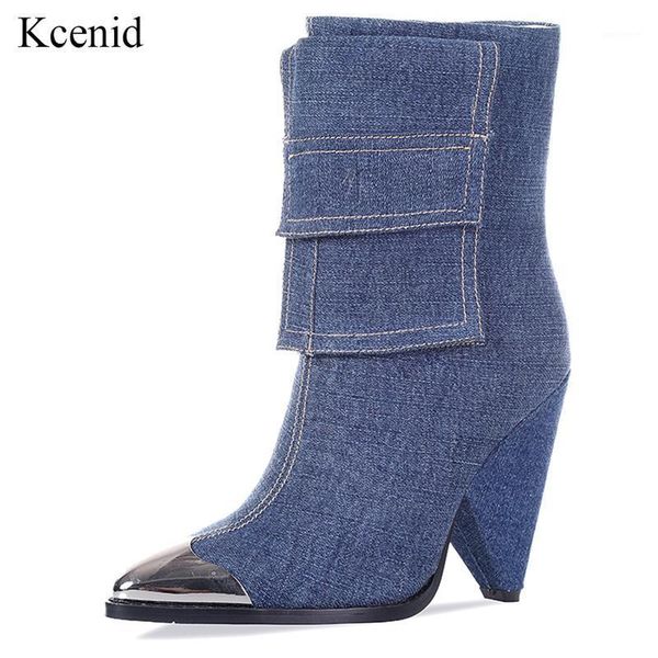 

kcenid blue denim boots spike high heels women boots ankle 2020 new metal pointed toe ladies shoes warm winter women1, Black