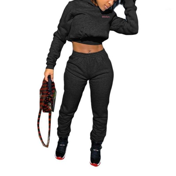 

gym clothing winter autumn 2 pcs women letter outfits 2021 fashion long sleeve front pocket hooded crop + trousers1, White;black