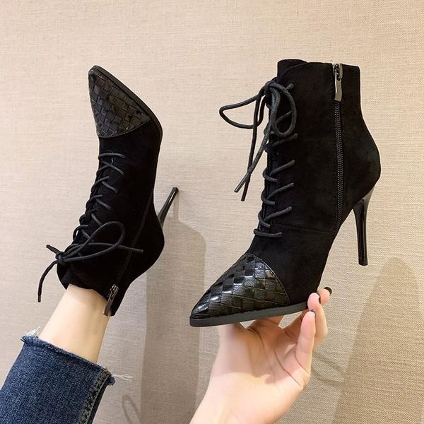 

pointed toe suede ankle boots for women autumn fashion thin heels pumps women high heels lace-up warm short boots for 20201, Black