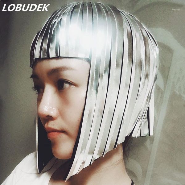 

future space female soldier silver gold wig ornament bar nightclub dj singer dancer cool reflective wig headgear show mirror1, Black;red