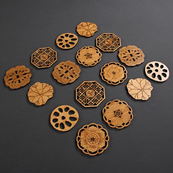 

bamboo coaster tea cup mat retro lotus carving eco-friendly natural coffee cup pad round heat insulation teaware accessories