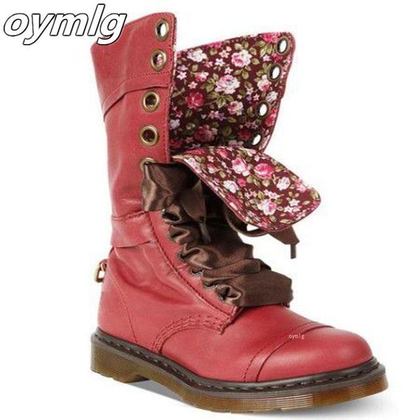 

2021 women's retro shoes autumn winter ladies leather flat shoes non-slip round toe lace up waterproof snow boots mid calf boots, Black