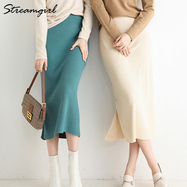 

stramgirl women knitted skirt long stretch winter skirts warm long skirt with slit knit elegant fall skirts for women maxi, Black