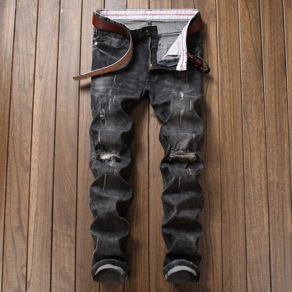 

holes, small straight tube, slim fit, stretch pants, fashionable men's jeans with holes, Blue