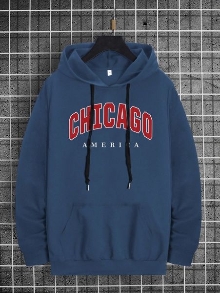 

men letter print drawstring pocket sweatshirt 464f#, Black