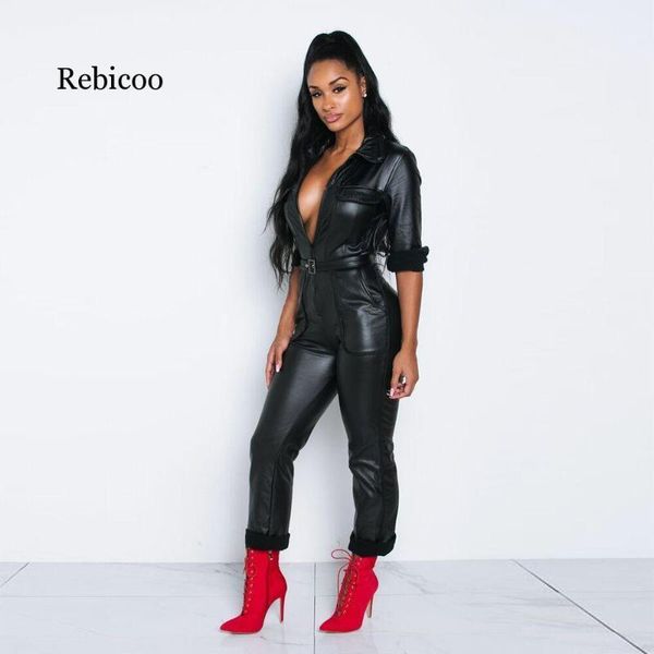 

women turn down collar faux leather jumpsuit long sleeve black pu leather jumpsuit bodycon pocket zipper party1, Black;white