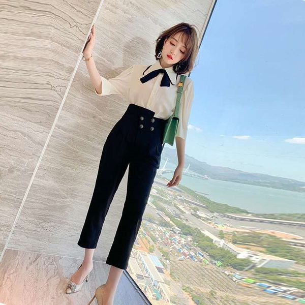 

чистый цвет рубашки женских женщин тонкие брюки случайных рубашки случайные штаны и универсален осень платье 2020 новый стиль костюм два кус, Gray