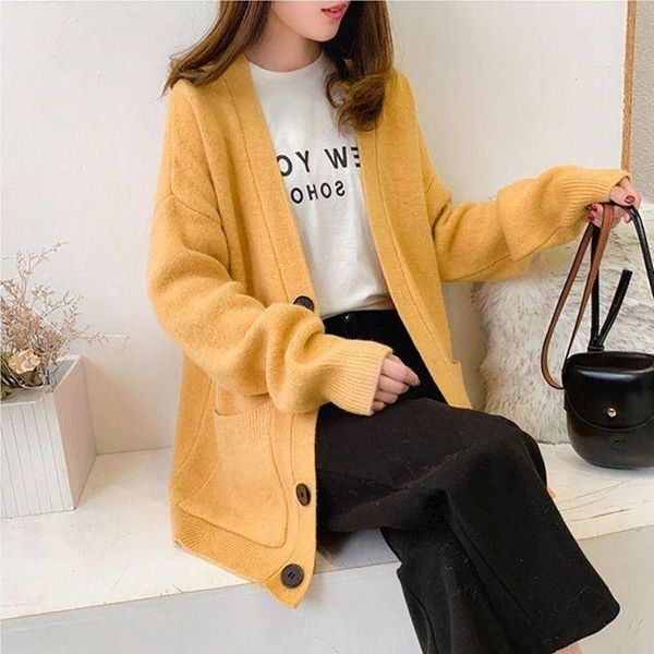 

women's knit sweater cardigan coat new button solid color autumn and winter cardigan long sleeve casual warm loose sweater coat, White