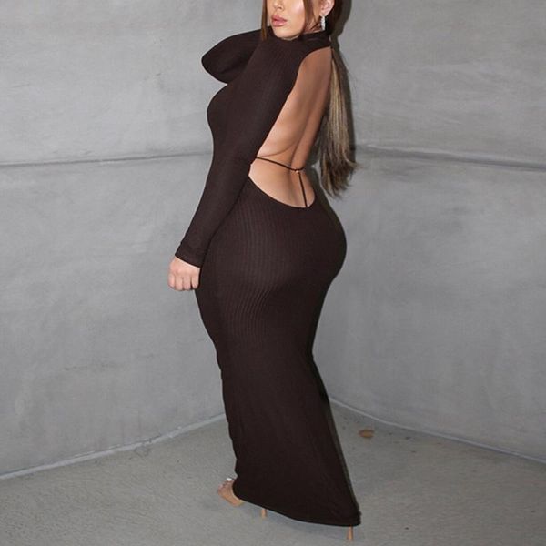 

women dress long sleeve bodycon turtleneck autumn winter basic open back slim long dress casual, Black;gray