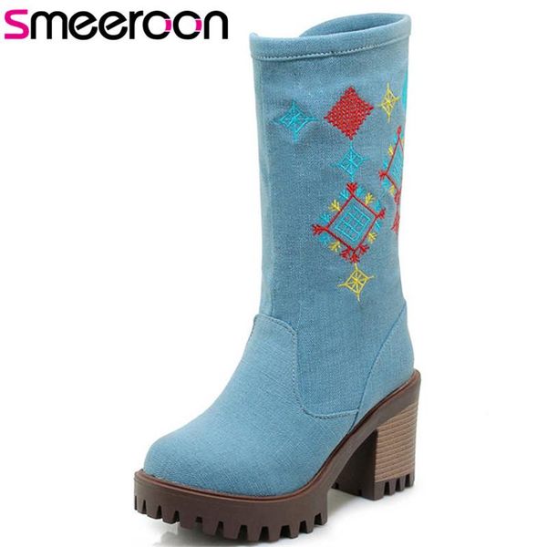 

smeeroon 2020 mid calf boots women round toe denim boots zipper autumn winter platform shoes woman, Black