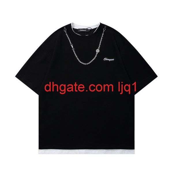 

necklace decoration fake two pieces of short sleeve t-shirt men's fashion brand color contrast splicing round neck half sleeve fashion, White;black