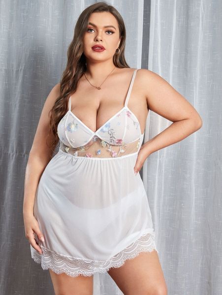 

plus floral embroidery mesh slips with thong 08zf#, Black;white
