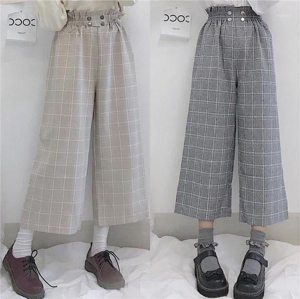 

mori girl plaid check wide leg cute women's ankle-length trousers plaid pants casual autumn high waist color beige & grey1, Black;white