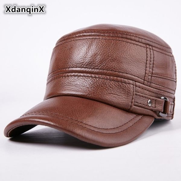 

xdanqinx autumn winter men genuine leather warm baseball caps cowhide flat cap for middle-aged men brands leather hats y200110, Blue;gray