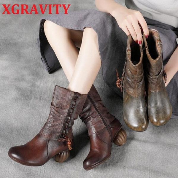 

xgravity 2020 original cow genuine leather mid calf women boots fur ladies warm boots winter shoes lantern heel lady s1151, Black