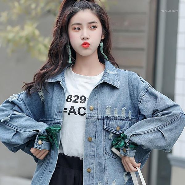 

spring summer new denim jacket fashion loose hole shirt bf wind embroidery flower thin section wild shirt casual style female a91, Black;brown