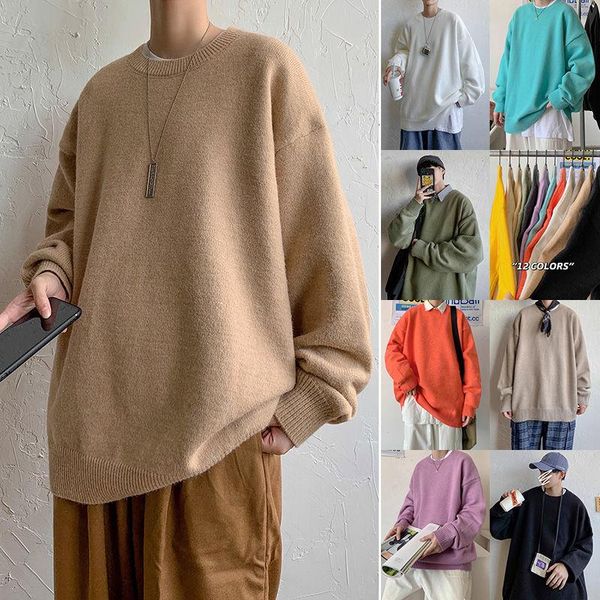 

men's sweaters winter thickened crew neck knitted sweater solid color knitwear couple's coat pullover men clothes, White;black