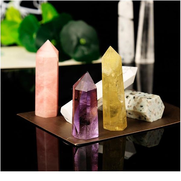 

1pc natural crystal and gemstone hexagonal column crystal point labradorite pink quartz obsidian modern home decorat qylgzh, Black