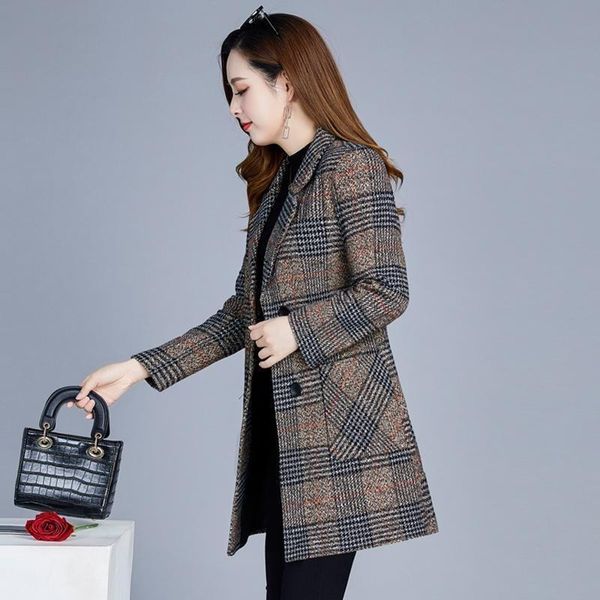 

thick suit coat new plaid woolen coat women autumn and winter mid-length, Black