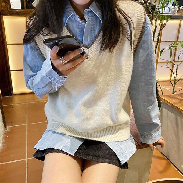 

korean contrast color v neck sleeveless sweater women casual autumn winter knitted pullover soft warm waistcoat japanese style1, White;black