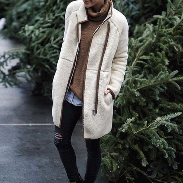 

winter women fluffy fleece jacket coat warm solid color high neck long cardigan suede outerwear with front zipper1, Black