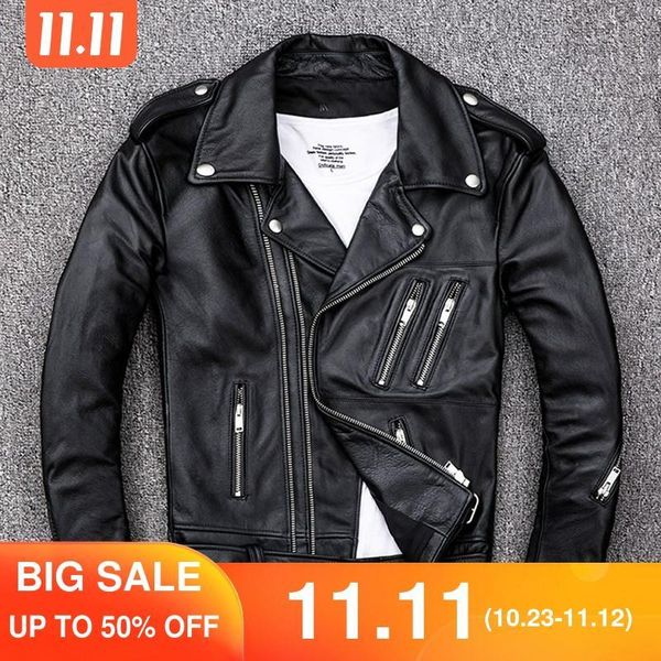 

2020 black men double zipper biker's leather jacket plus size xxxx genuine thin cowhide spring slim fit motorcycle coat