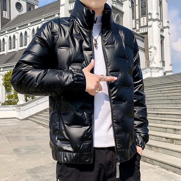 

silver shiny men's winter coat fashion stand collar warm thicken white duck down short white puffer jacket men parka, Black