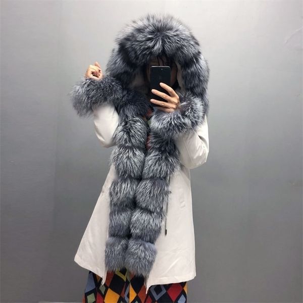 

womens jackets fox collar hooded parka, real rabbit fur lining warm winter coat qd.yishang 201103, Black