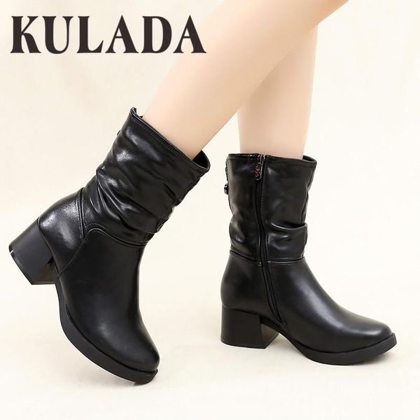

кулада high qualilty женщины boots круглый toe платформы каблуки боковые молнии теплый плюшевые моды зимы середины икры сапоги женские, Black