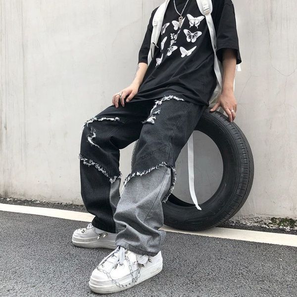 

men's contrast tassel harajuku style loose jeans, korean fashion, Blue