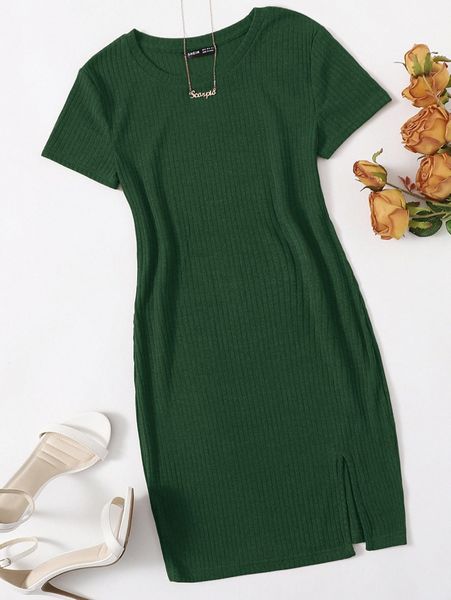 

rib-knit split hem dress n9hg#, Black;gray