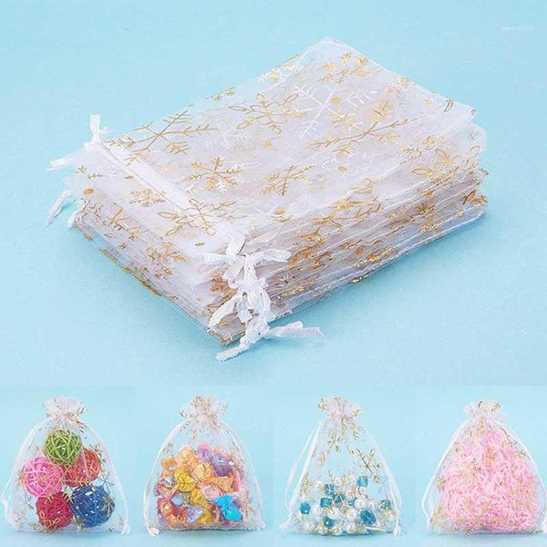 

gift wrap candy bag exquisite wedding party birthday jewelry diy craft golden snowflake printing gauze white organza bags1