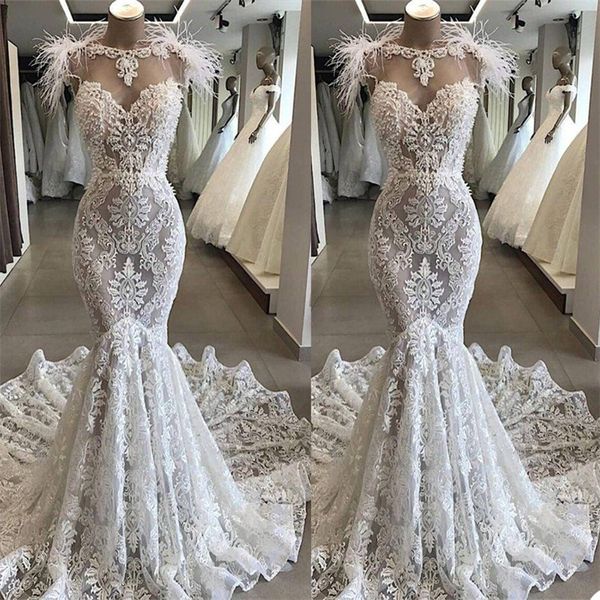 

luxury feather mermaid wedding dresses design full appliqued lace dubai muslim vestido de noiva romantic ruched ruffles bridal gowns, White