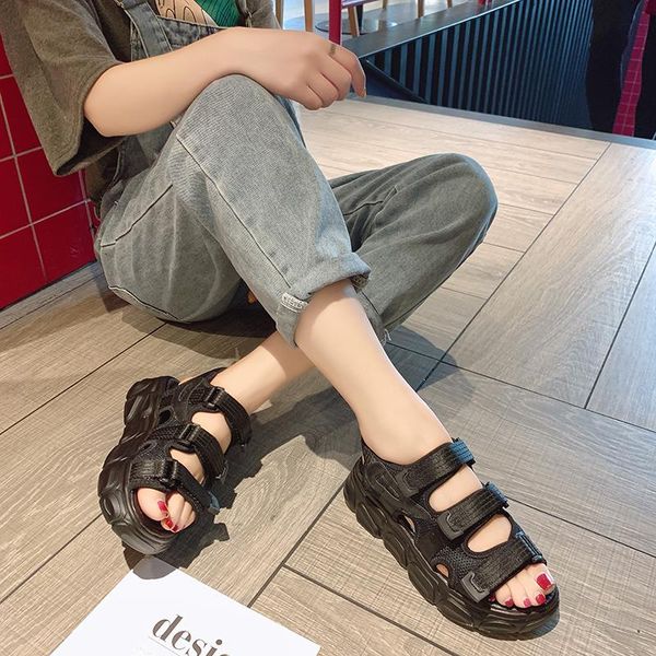 

женский summer flat платформа для девочек повседневная пляжная обувь женщина плоские сандалии гладиатор open toe мягкие желе сандалии, Black