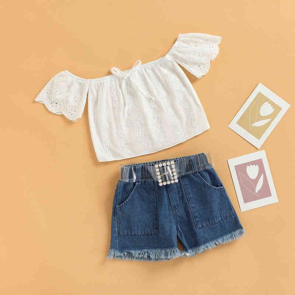 

little girls 3pcs summer pants set short sleeve off-shoulder hollow short denim pants buckle waist belt g220217, White