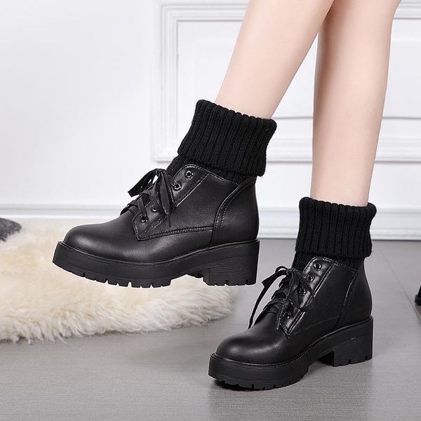 

2020 winter ankel boots women punk female length leather platform boots wedges high heels pu women botas mujer plus size, Black