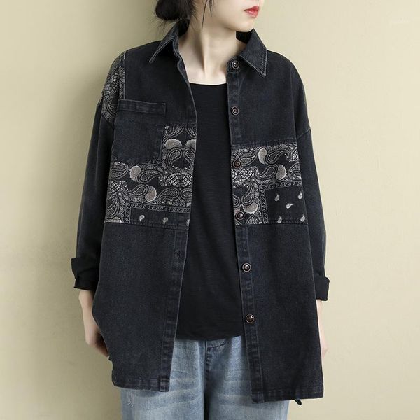 

2020 spring autumn jackets retro women all-match denim coat new female casual cardigan print retro jackets1, Black;brown