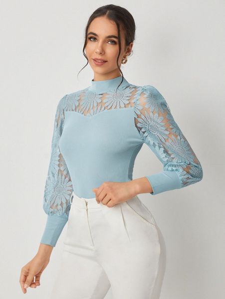 

mock neck embroidery mesh yoke v6gy#, White