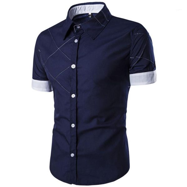 

new casual shirts men dress fashion summer short sleeve male pure color grid business blouses1, White;black