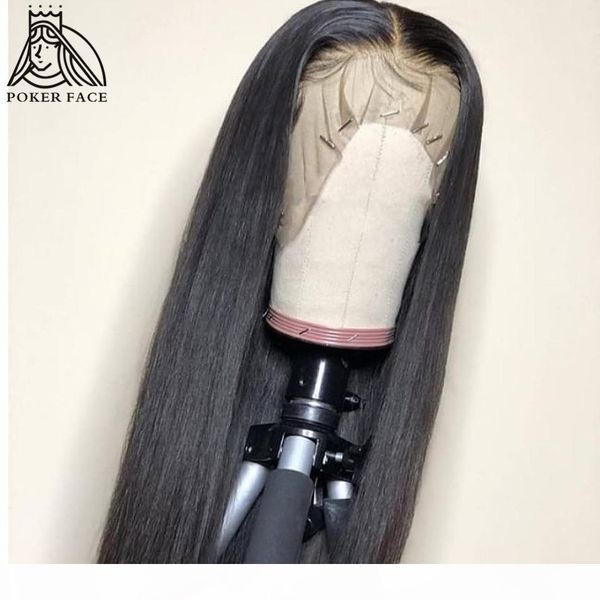 

poker face 28 30 32 34 inches straight 13x4 lace front human hair wigs brazilian lace frontal wig remy 150 density, Black