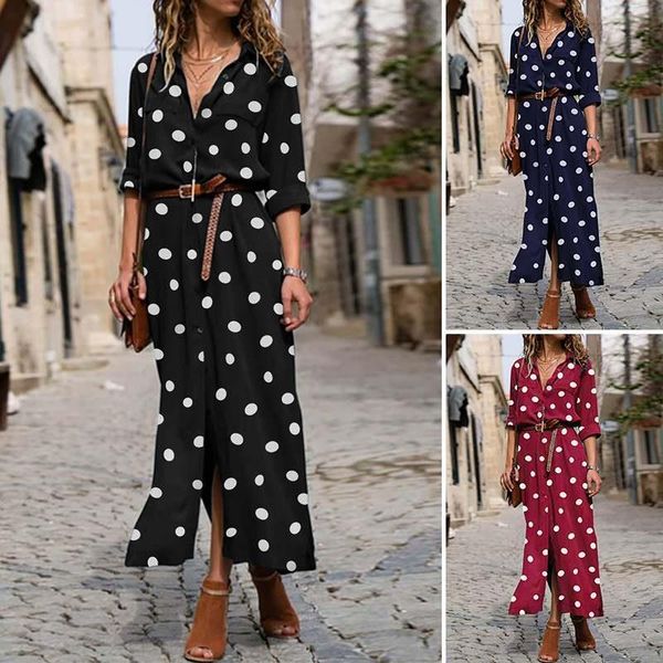 

women long maxi dress bohemian vestidos 2020 fashion polka dot printed lapel buttons sundress party dresses plus size 5xl, Black;gray
