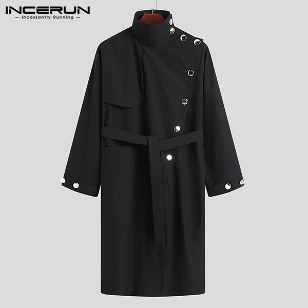 

incerun fashion men trench solid coats turtleneck long sleeve button loose irregular long windbreakers men streetwear s-5xl 2021, Tan;black