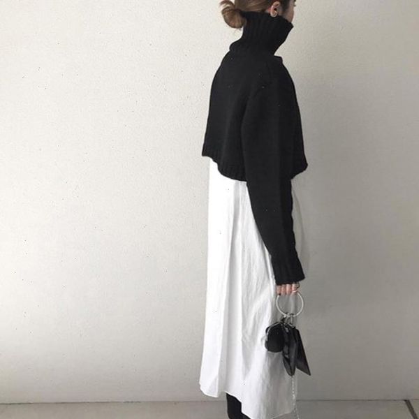 

autumn two piece sets short high neck knitted sweater and solid white long dress korean elegant women sets causal suits, Gray