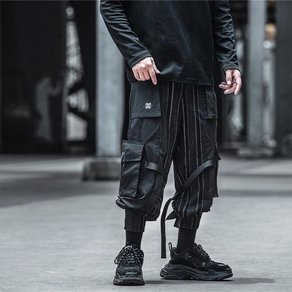 

men's pants ribbons striped patchwork hip hop pockets pencil cargo men techwear streetwear japanese tooling casual trousers bottoms, Black