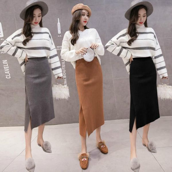 

women's tracksuits 2021 women autumn winter knitted sets female turtleneck stripted + high waist a-line skirt 2 piece set lady casual s, Gray
