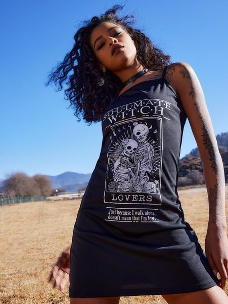 

romwe slogan skull graphic cami dress she, Black;gray
