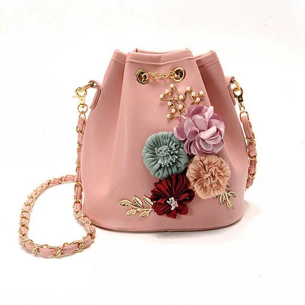 

2020 new fashion trend women handbag pu leather bucket shoulder bag chain flowers crossbody bag female chic messenger hand bags