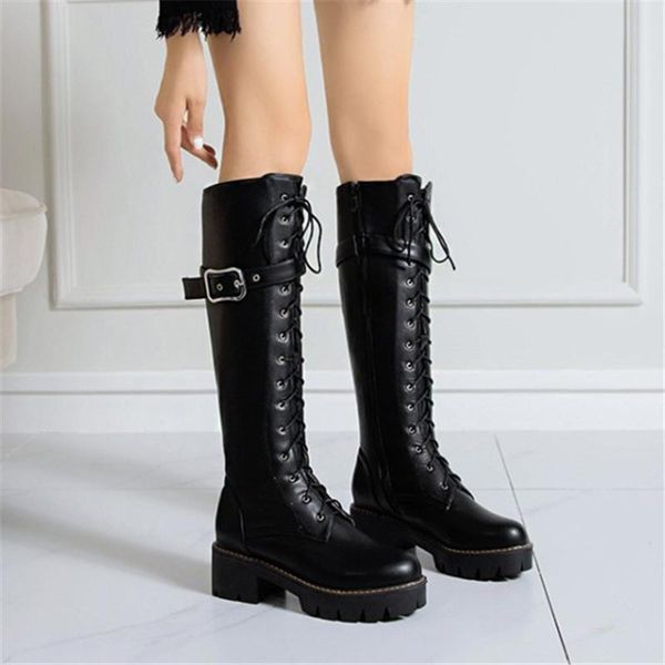 

pxelena vintage buckle punk rock gothic riding knight knee high boots women shoes chunky block med heels black white plus size