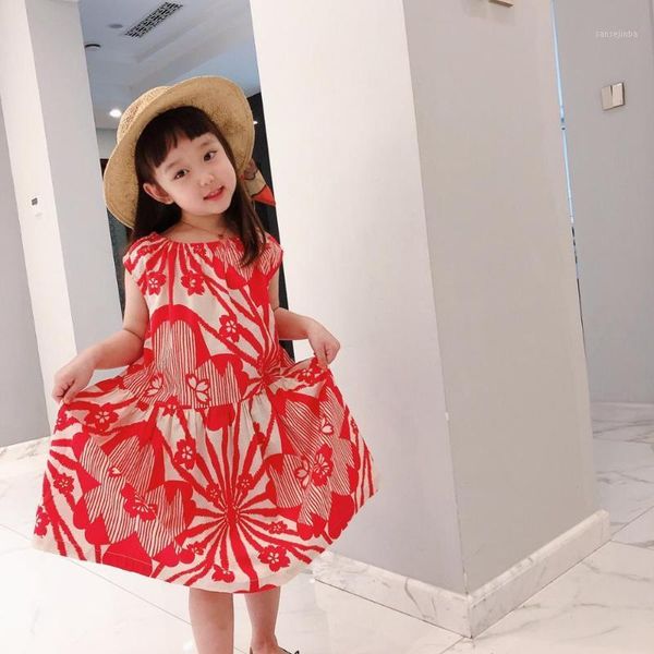 

baby girls clothes 2020 summer red printed cotton comfortable waist dress sleeveless vest dress1, Red;yellow